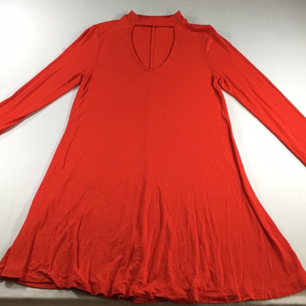 Express Size S Festival Red Knit Dress Boho  Mock Neck Deep V Long Sleeves